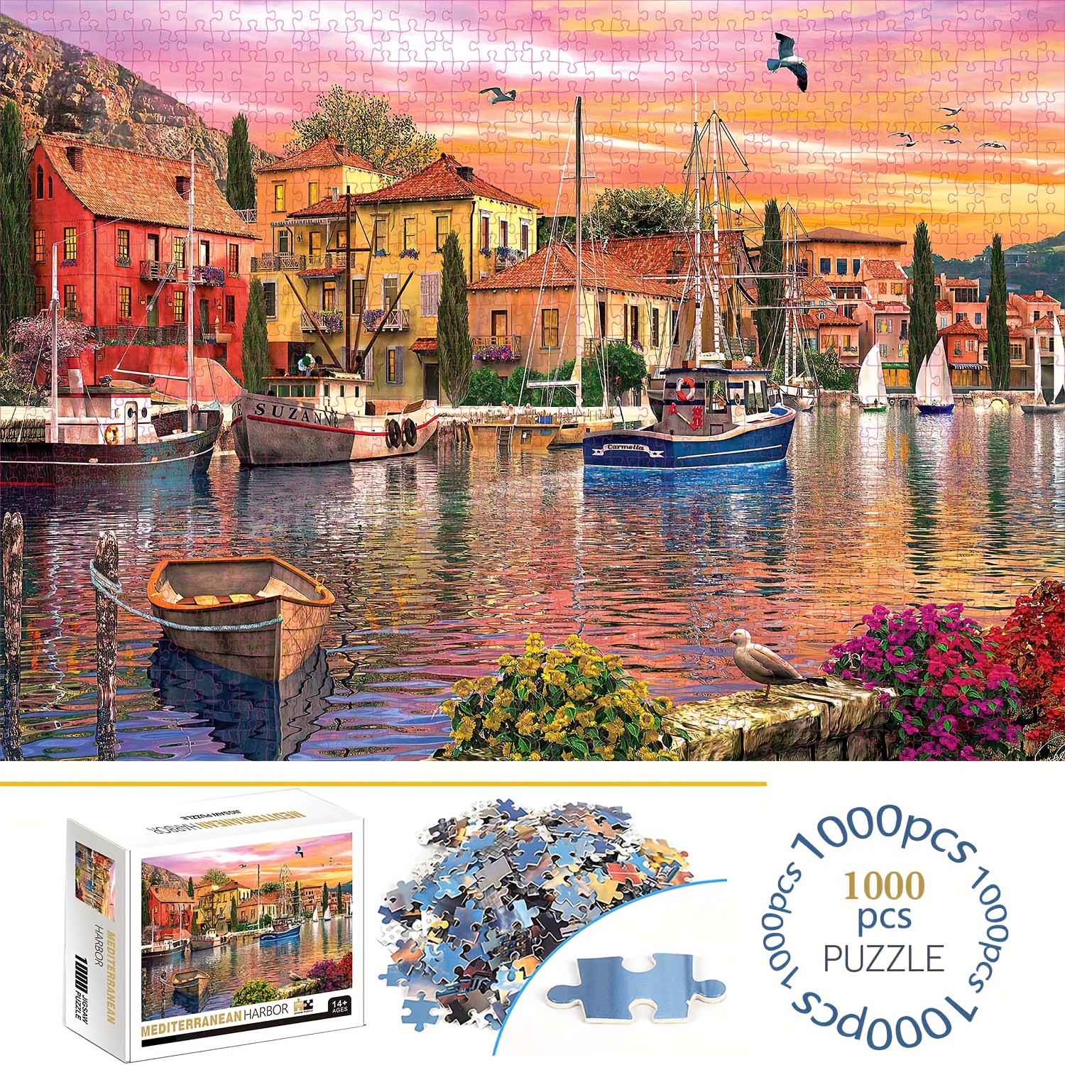 

1000pcs Mediterranean Harbor Puzzles, Thick And Durable Seamless Jigsaw Puzzles For Adults Premium Quality Fun Family Challenging Puzzles For Birthday, Christmas, Halloween, Thanksgiving, Easter