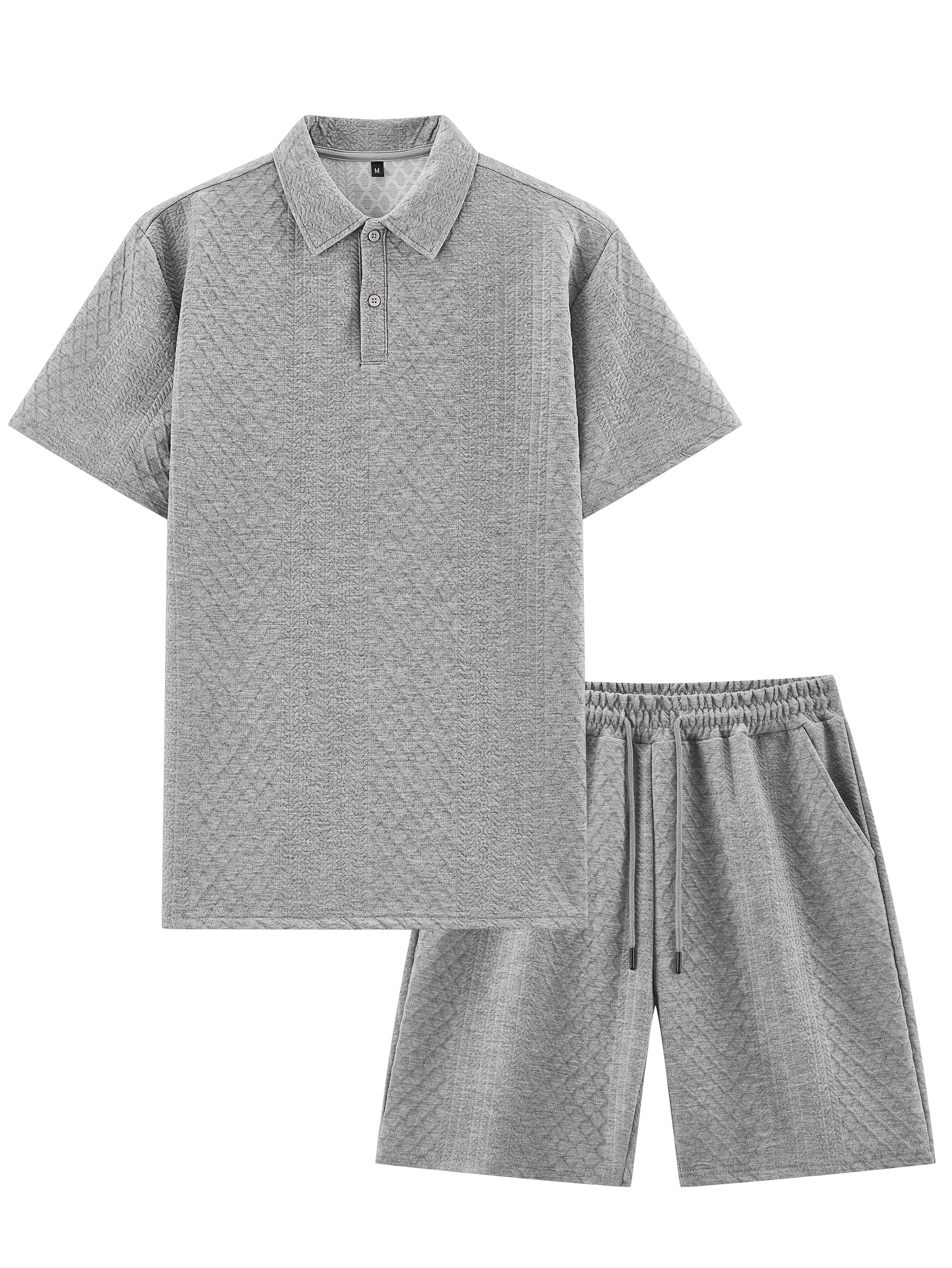 Men'S 2pcs Set: White Short Sleeve Button-Up Shirt & Drawstring Shorts - Breathable Jacquard Fabric, Loose Fit Casual Summer Outfit for Casual Attire, Everyday Clothing, Classic Collar Design, Comfortable Fit
