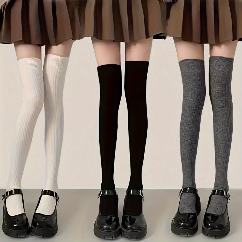 

3pcs Women's Breathable Knee-high Socks In Black, White & Gray - Comfortable Polyester , Striped Design