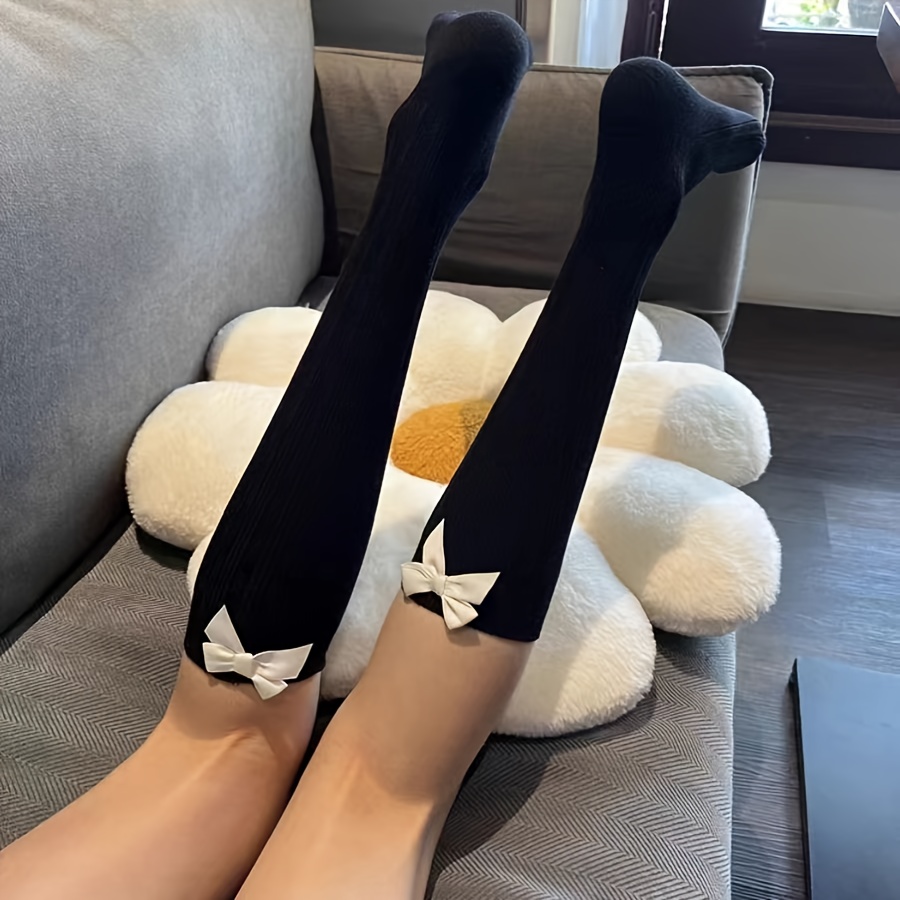 1-pair Women's Sweet Bow & Over-the-knee (otk) Stockings - Bowknot Opaque For Party & Casual Attire, Cute Kneehigh Socks