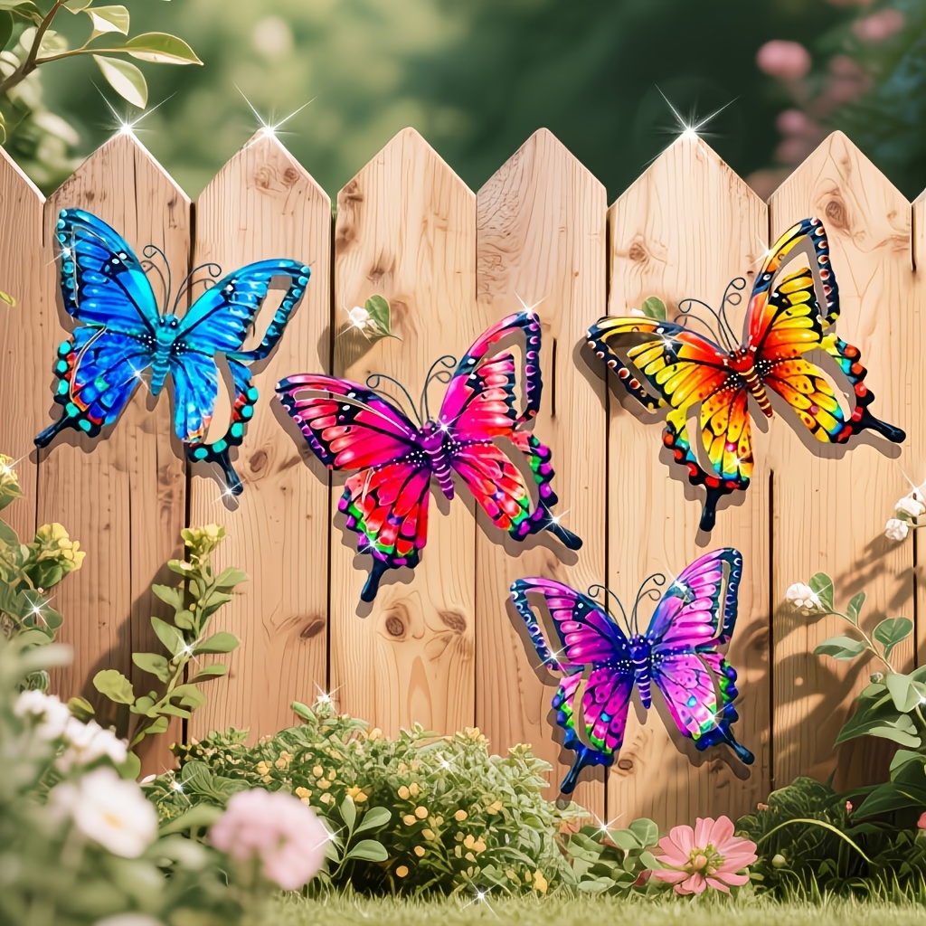 【3d】 [3d] 4 piezas de decoración de pared de mariposas de metal 3d coloridas - para jardín,  ,  , dormitorio,   - no necesita electricidad, decoración de valla exterior, regalo ideal para familiares y  