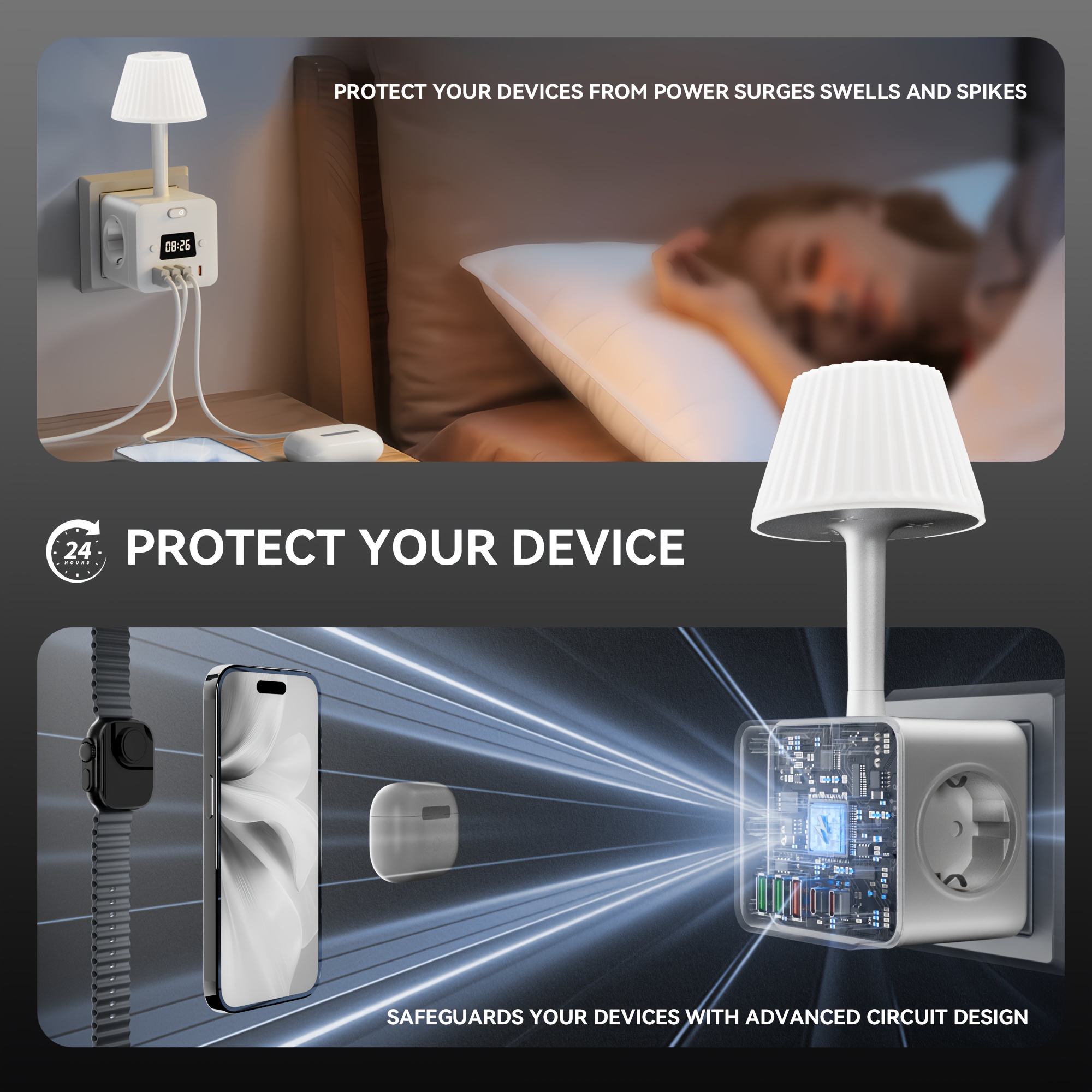10in 1 power alarm clock with 2 usb c desktop charging station 3 ac power outlets 3 usb a power cord with protector for setting for bedroom dorm room Product details 0