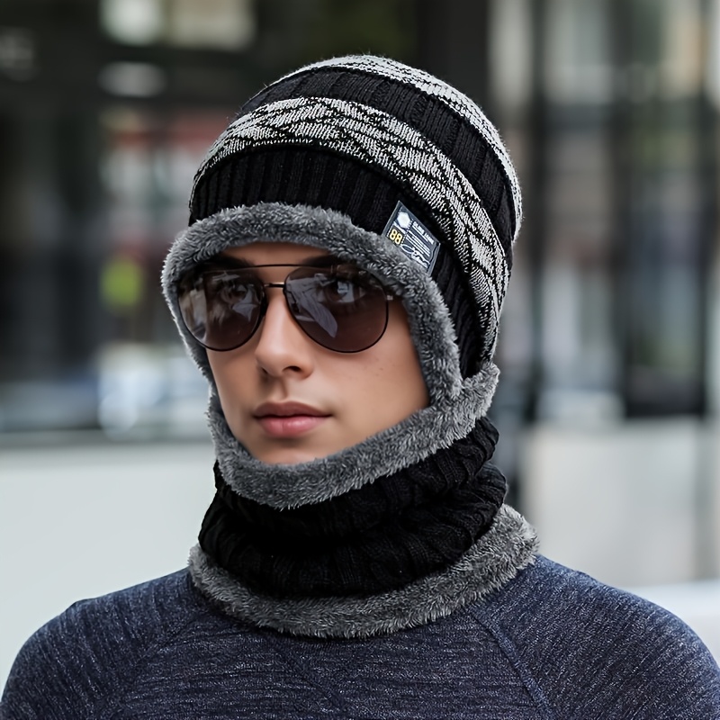 TEMU Ensemble unisexe d'hiver 2 pièces (1 bonnet et 1 écharpe) pour la protection contre , bonnet épais doublé en avec couvre-oreilles, casquette