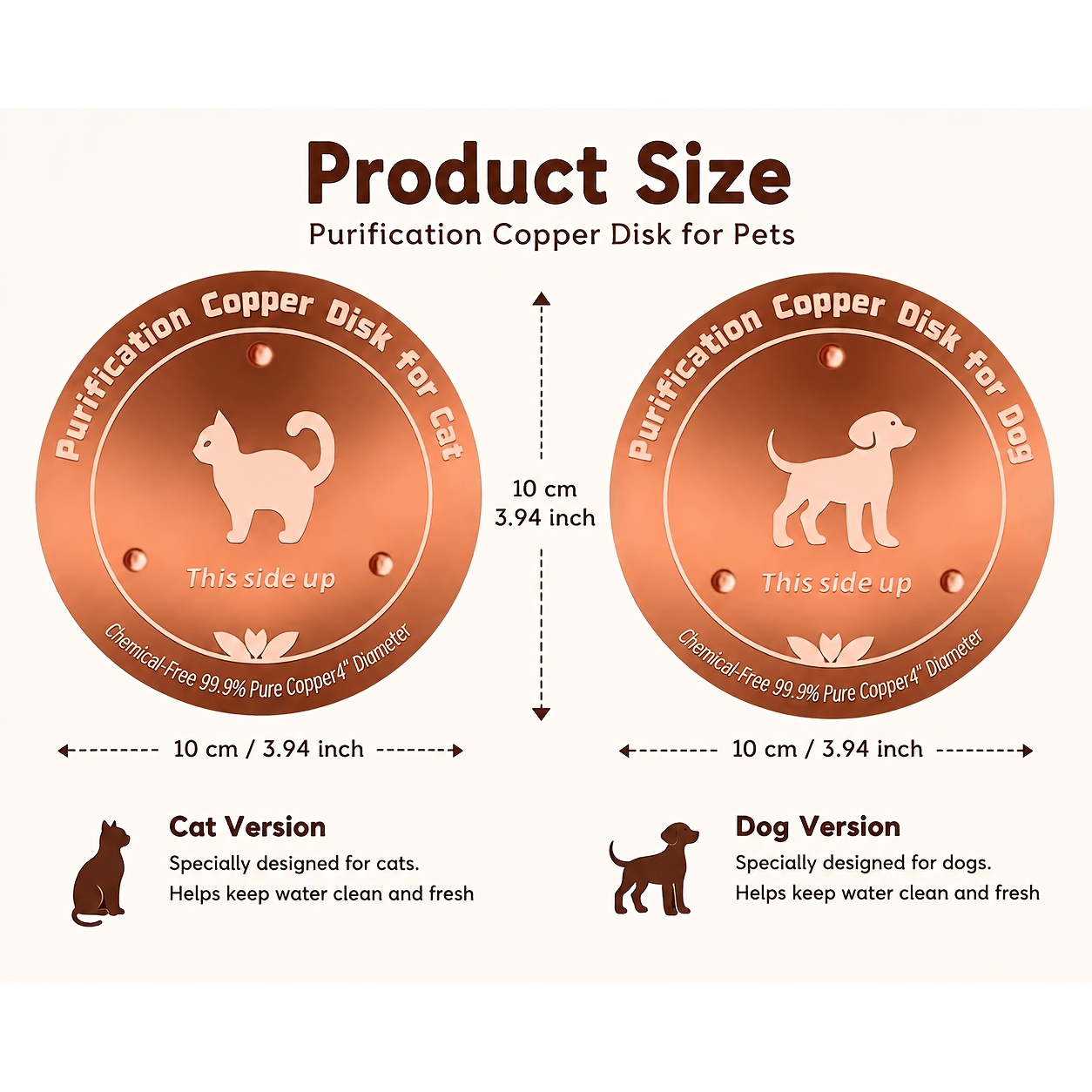 TEMU 2pcs Copper Pet Water Dish, Three- Design, 99.9% Pure Copper, Suitable For Pets Such As Dogs, Cats, Cattle, Chickens, And Birds, Reusable,