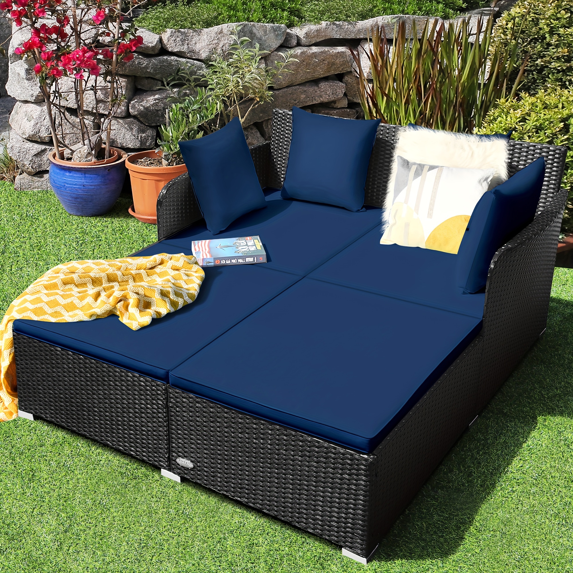 

Rattan Patio Daybed Loveseat Sofa Yard Outdoor W/ Navy Cushions Pillows