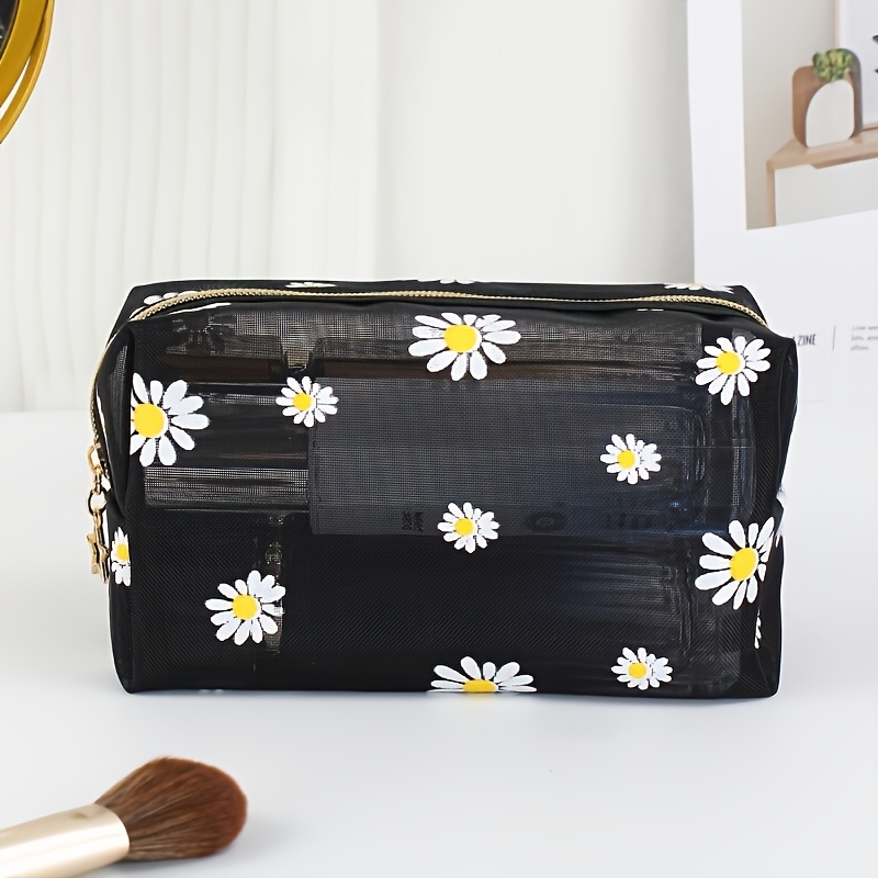 Makeup Bag - Cute Daisy Mesh Transparent Cosmetic Pouch, Portable Foldable Travel Lipstick Organizer, Unisex