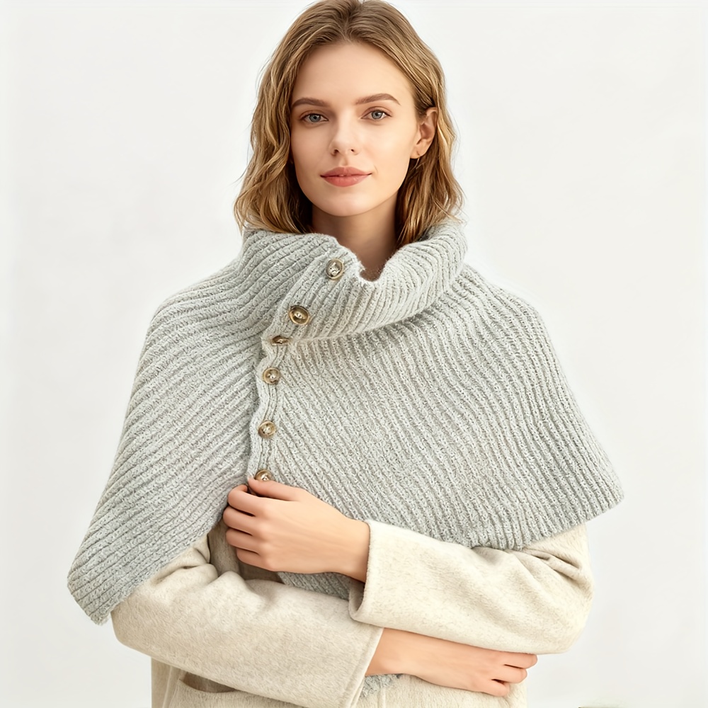 TEMU Women's Winter Warm Poncho - Red Turtleneck Button Shawl Cape, Cozy Chunky Wrap Scarf For Cold Weather, Stylish Outerwear Accessory For Fall And