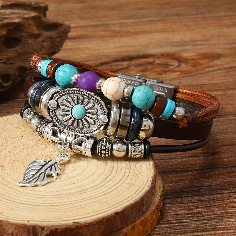 Image of 1pc Vintage Fashion Style Wooden Bead Turquoise Chrysanthemum Leaf Couple Bracelet