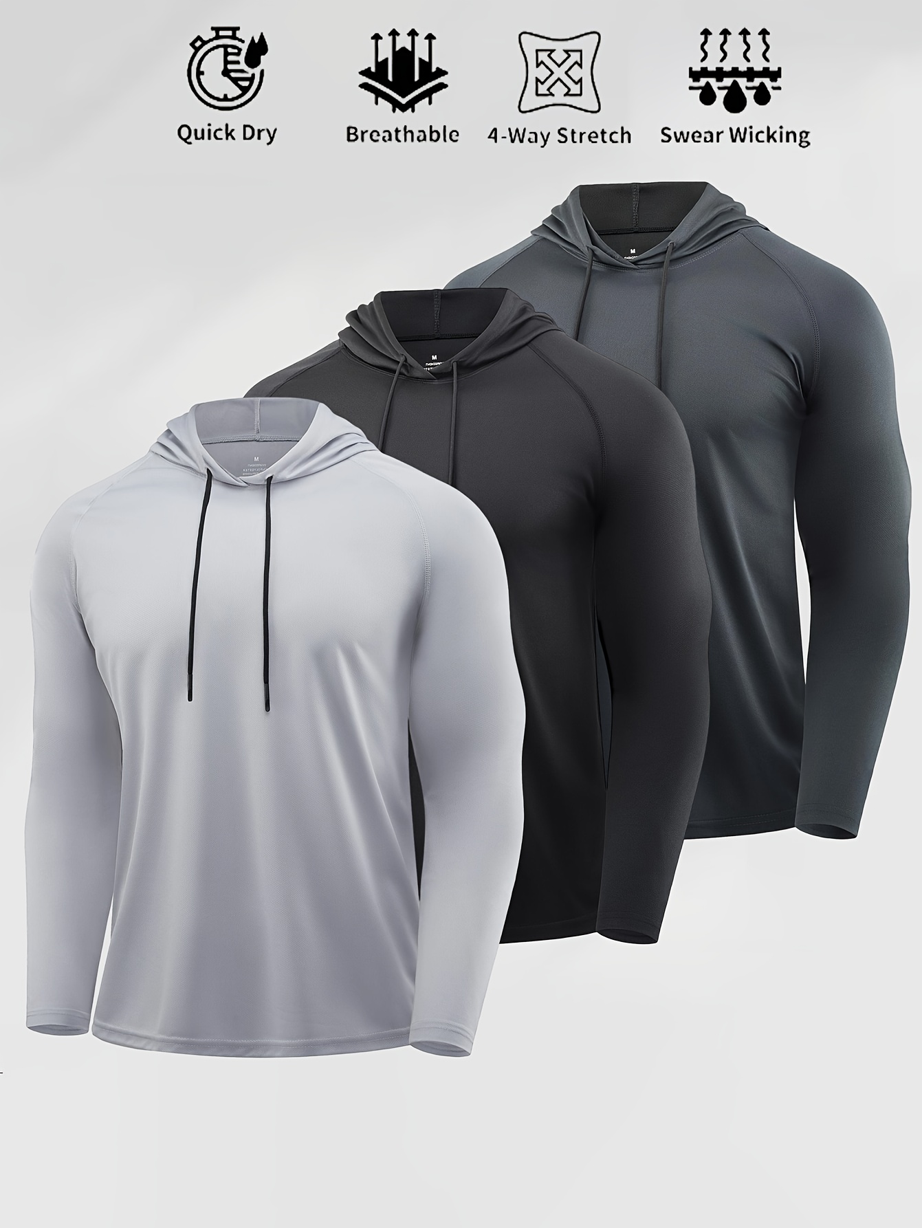 3pcs Sports Hoodie for Men - Comfortable And Breathable Hooded Sweatshirt - Ideal for Running, Fitness, Outdoor Cycling, Camping, And Fishing - Long Sleeve Performance Training Shirt - Casual Versatile Gift for Boyfriend