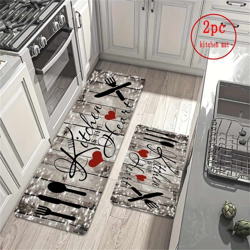 

Machine Washable Kitchen Rug Set 2pc - Non-slip Polyester Area Mats With Polyvinyl Chloride Backing, Soft Floor Mats For Kitchen, Laundry Room, Indoor Entrance - Decorative Utensil & Heart Design