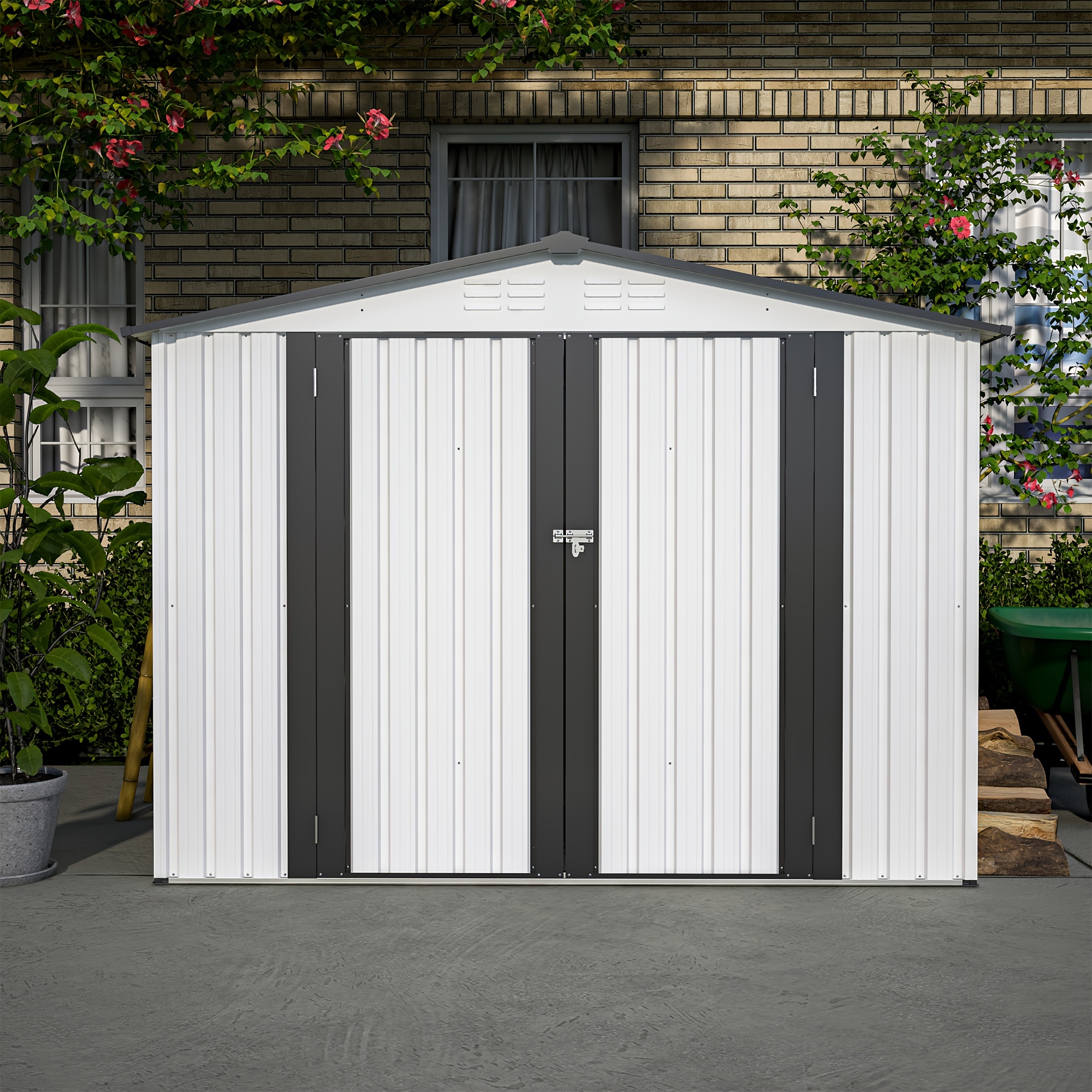 

8x6ft Metal Storage Shed, Waterproof Outdoor Garden Backyard Lawn Tool Shelter, With 2 Lockable Doors, French Door Style, For White