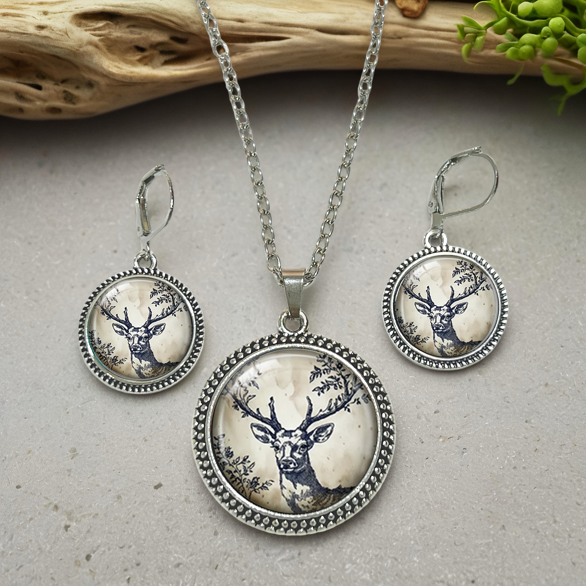 E-shop 3-teiliges Set Vintage Hirsch Zweig Design Halskette Ohrringe Schmuckset, Modische Alltagsschmuck Accessoires, Exquisiter Unisex Schmuck,