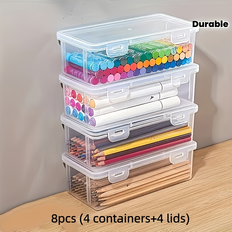 8pcs set 4 large clear frosted pp storage containers with lids lightweight and portable for office and school supplies organizer holds pens pencils markers and crafts
