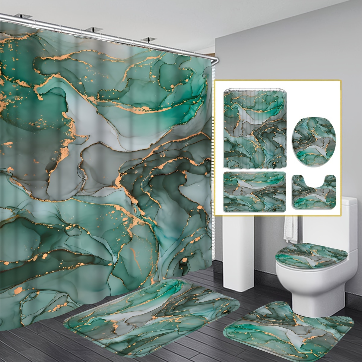 

4-piece Marble Texture Digital Print Shower Curtain Decoration, Beautiful Housewarming Gift Modern Home Décor, Waterproof Shower Curtain And Toilet Mat Three-piece Set With 12 Shower Curtain Hooks