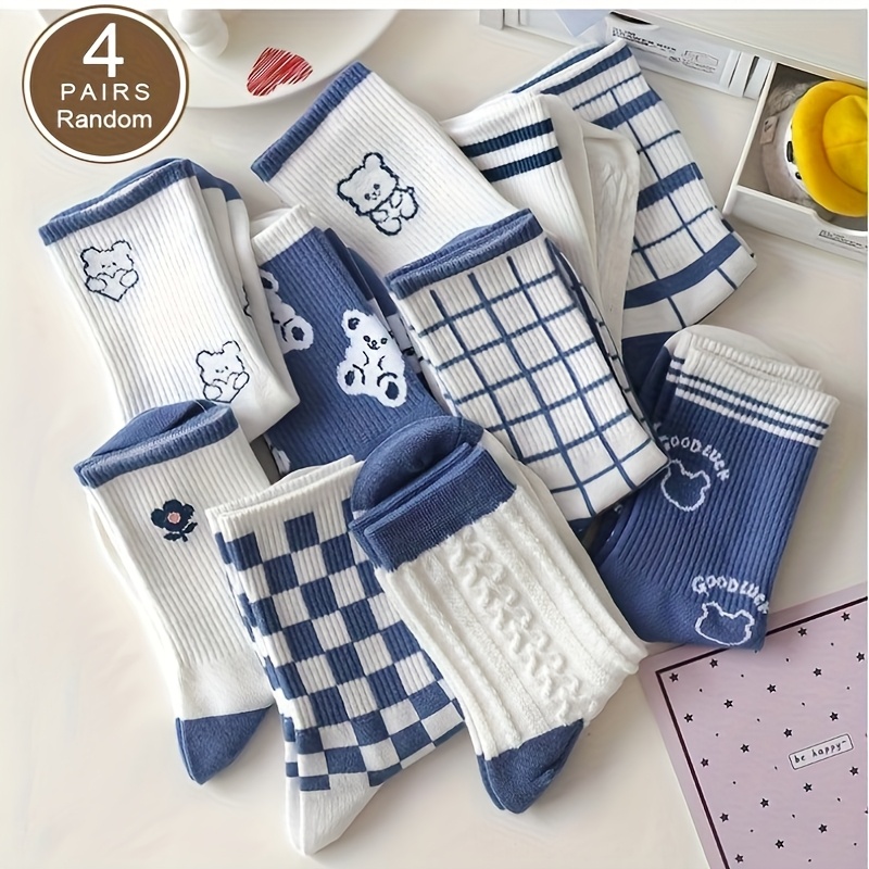 E-shop 4 Paar Zufällige Frühlings-Sommer Cartoon Blaue Japanische Niedliche Bär All-Match Mid-Calf Socken