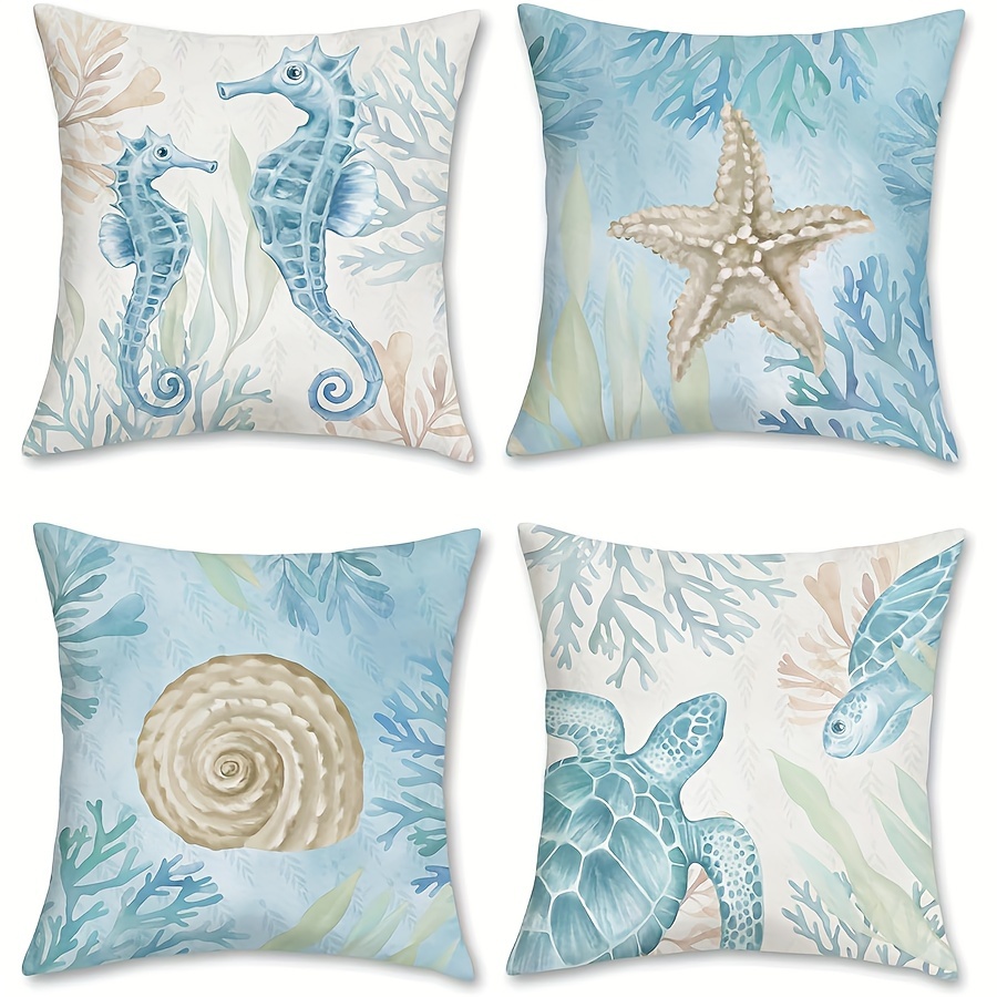 

Set Ocean Beach Pillow Cover 45 X 45cm Hippocampus Turtle Sea Star Coast Outdoor Decoration Pillow Sofa Bed Cushion Cover Home Decoration No Pillow Core