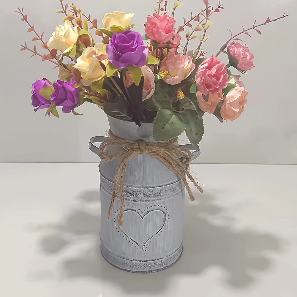 

Vintage Style Metal Vase With Dual Handles, Cylinder Shaped Iron Bucket For Dried And Fresh Flowers, Rustic Home Decor Display