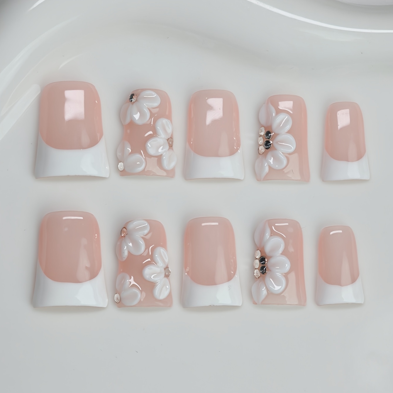 

10pcs Long Press On Nails Set, Handmade Nude Nail Tips, With 3d Floral And Accents, For Women And Girls, With Tools Kit For Party And