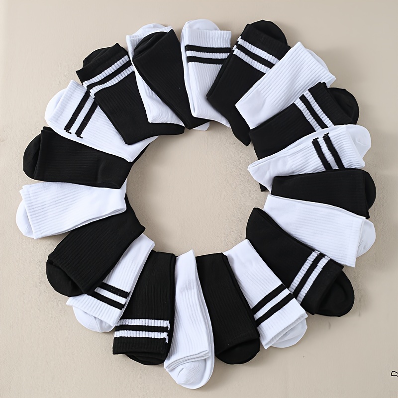 

20 Pairs Men's Breathable All-match Cotton Blend Socks - Black And White Mid-tube Socks For Daily Wearing