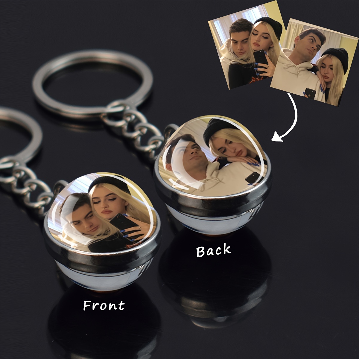 

1pc Personalized Alloy Keychain, Custom Photo & Glass Ball Pendant, Double-sided Keyring, Funky Style Commemorative Gift For Men And Women, Cute Keychain Accessories