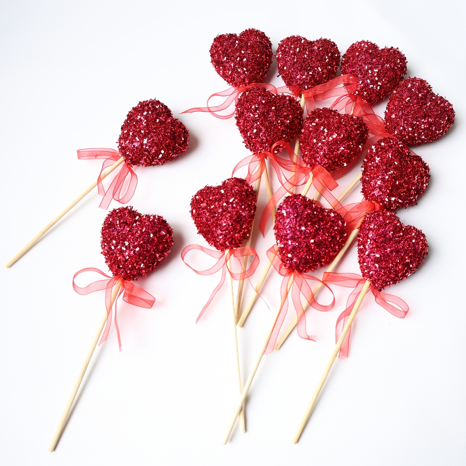 Image of 12pcs, Valentine's Day Decorative Picks, Sparkly Foam Heart Stems, Wooden Glitter Heart Picks For Valentine's Wedding Home Decorations And Flower Arrangements