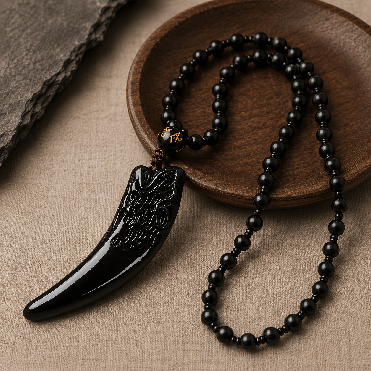 Men's Wolf Tooth Necklace with Carving Pendant & True Word Beads