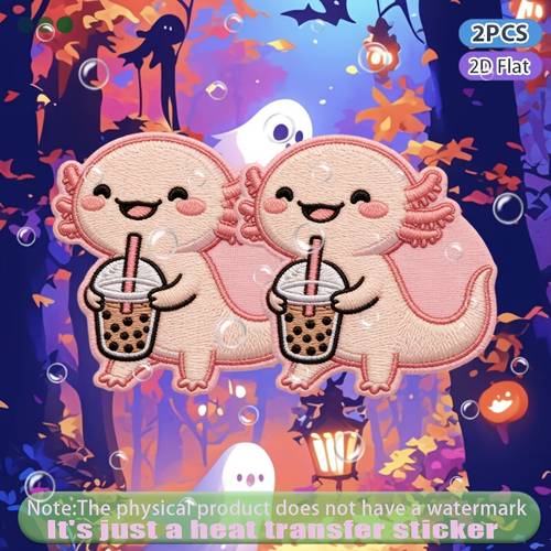 2pcs adorable pink plush dragon holding bubble tea with cute cheeks and heat transfer stickers are suitable for flat fabrics such hats canvas bags throw pillows leather bed sheets carpets