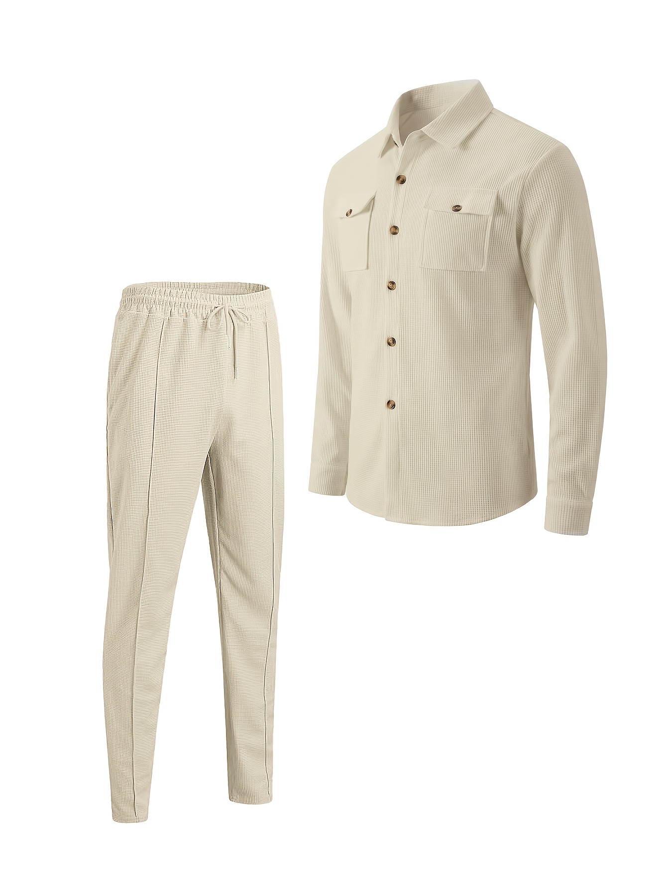 Conjunto Casual de Waffle para Hombre para las Cuatro Estaciones | Camisa Abotonada con Cuello Solapa, Bolsillo Doble en el Pecho, Manga Larga, Pantalones Largos, Conjunto de Dos Piezas, Ropa Versátil para Exteriores, Ligero, Sin Arrugas, Portátil - Imagen 9
