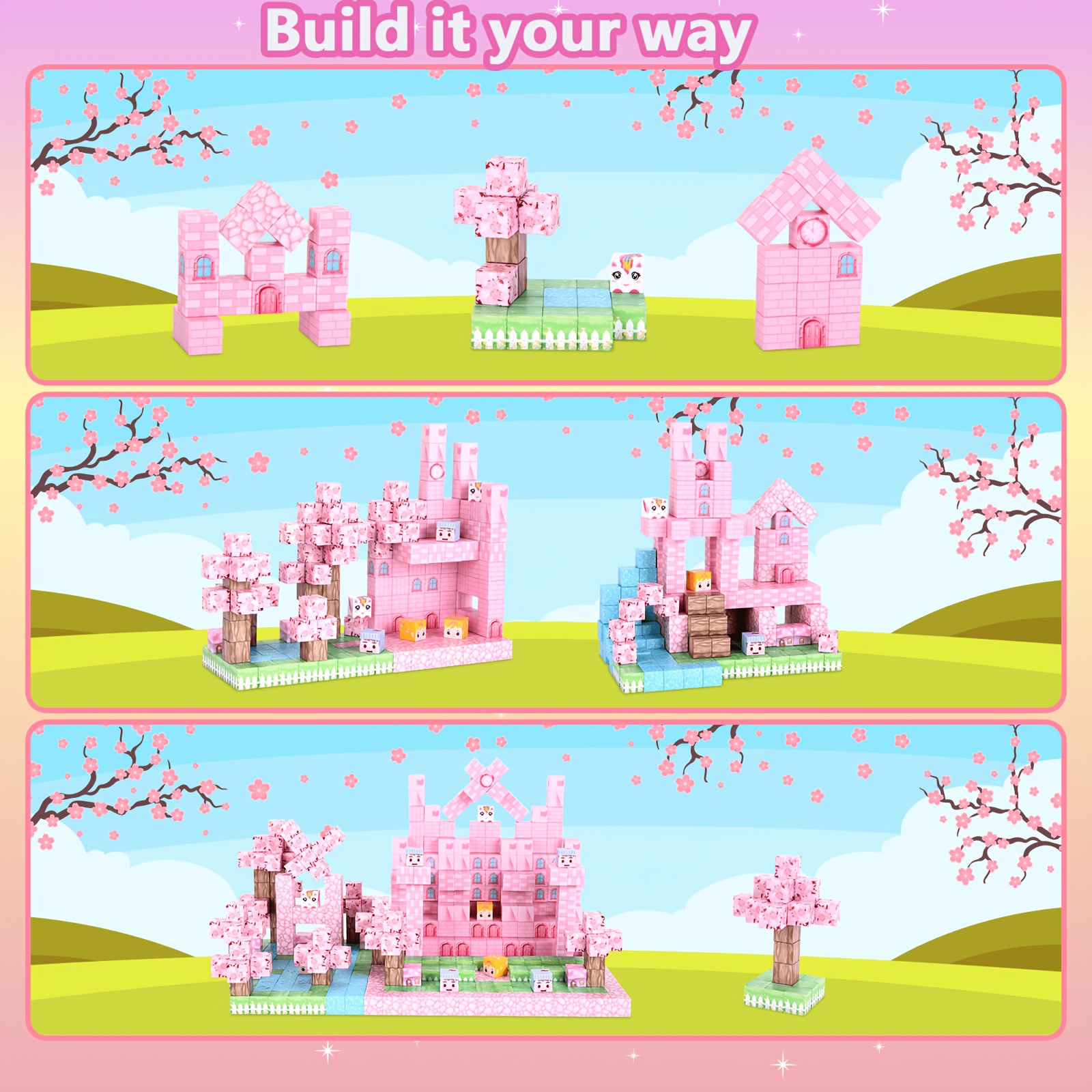 100pcs Sakura Snow Castle Magnetic Building Blocks Set