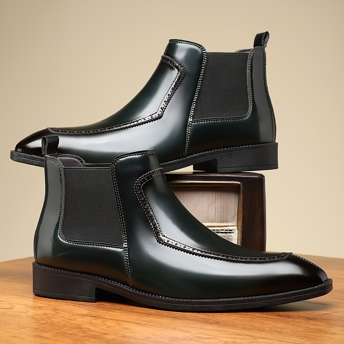 Men's Slip-On Boots - Durable Rubber Sole, Black Ankle Boots with Pointed Toe & Elastic Band, All-Season Casual Street Style Shoes