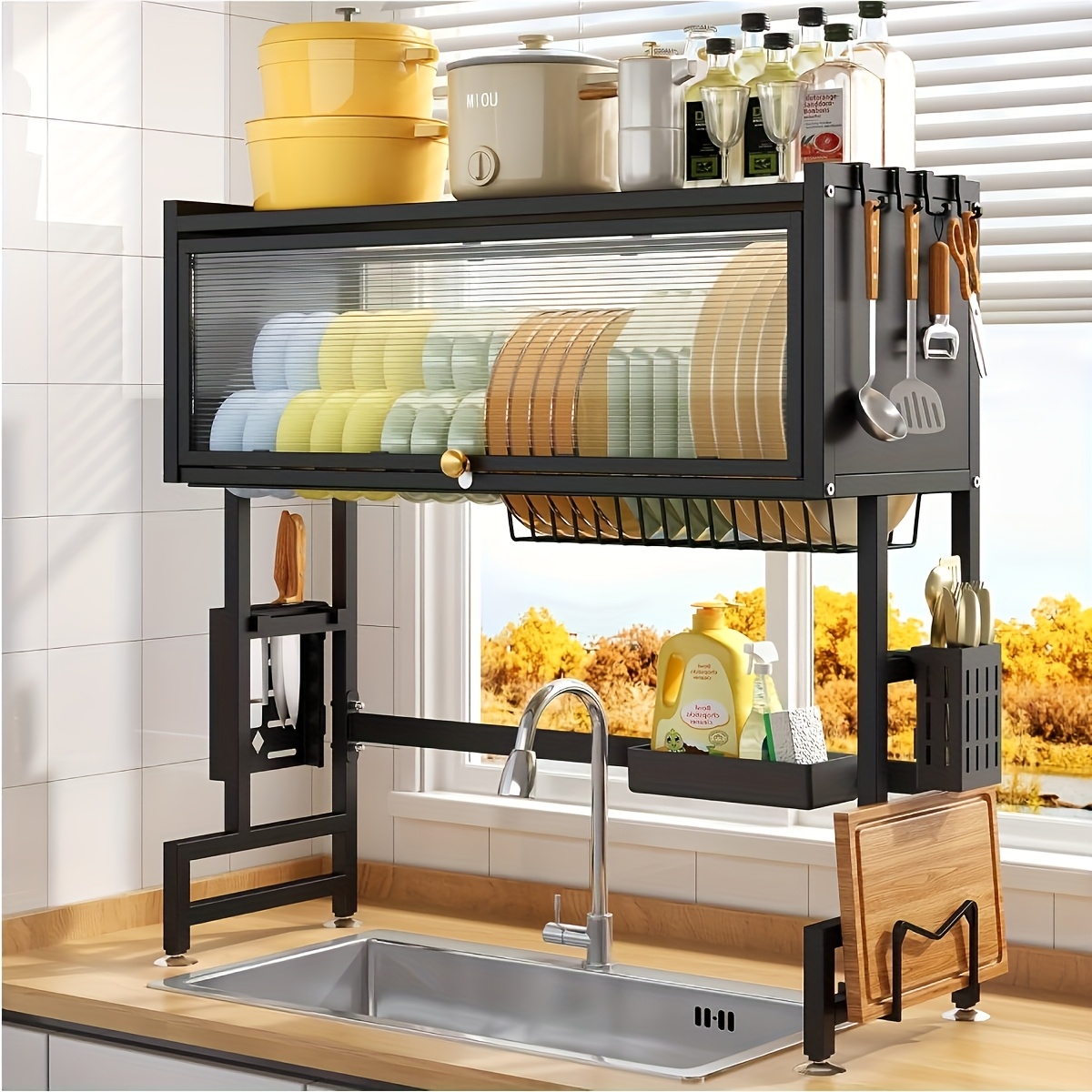 TEMU 3-tier Over Sink Dish Drying Rack 33.5" - Space-saving Carbon Steel Kitchen Organizer With Cover, Baskets & Utensil Holder - Black, Dish Drying