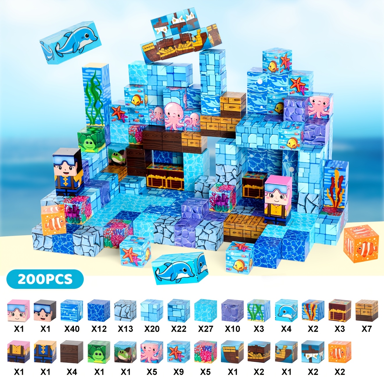 Image of 200pcs Magnetic Building Cubes | Ocean Stem Blocks With Cute Marine Animals, Diver Figures, Castle, , Coral & Seaweed | Christmas Halloween Gifts For