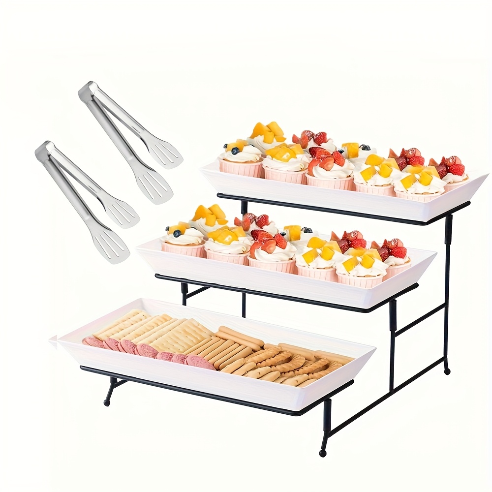 White Layered Tray + 2 Clips, 3 Plastic Trays With Metal Brackets For Holding Cupcakes, Donuts, Fruits - Layered Tray Brackets Are Suitable For , Party Food Displays, , Family Gatherings