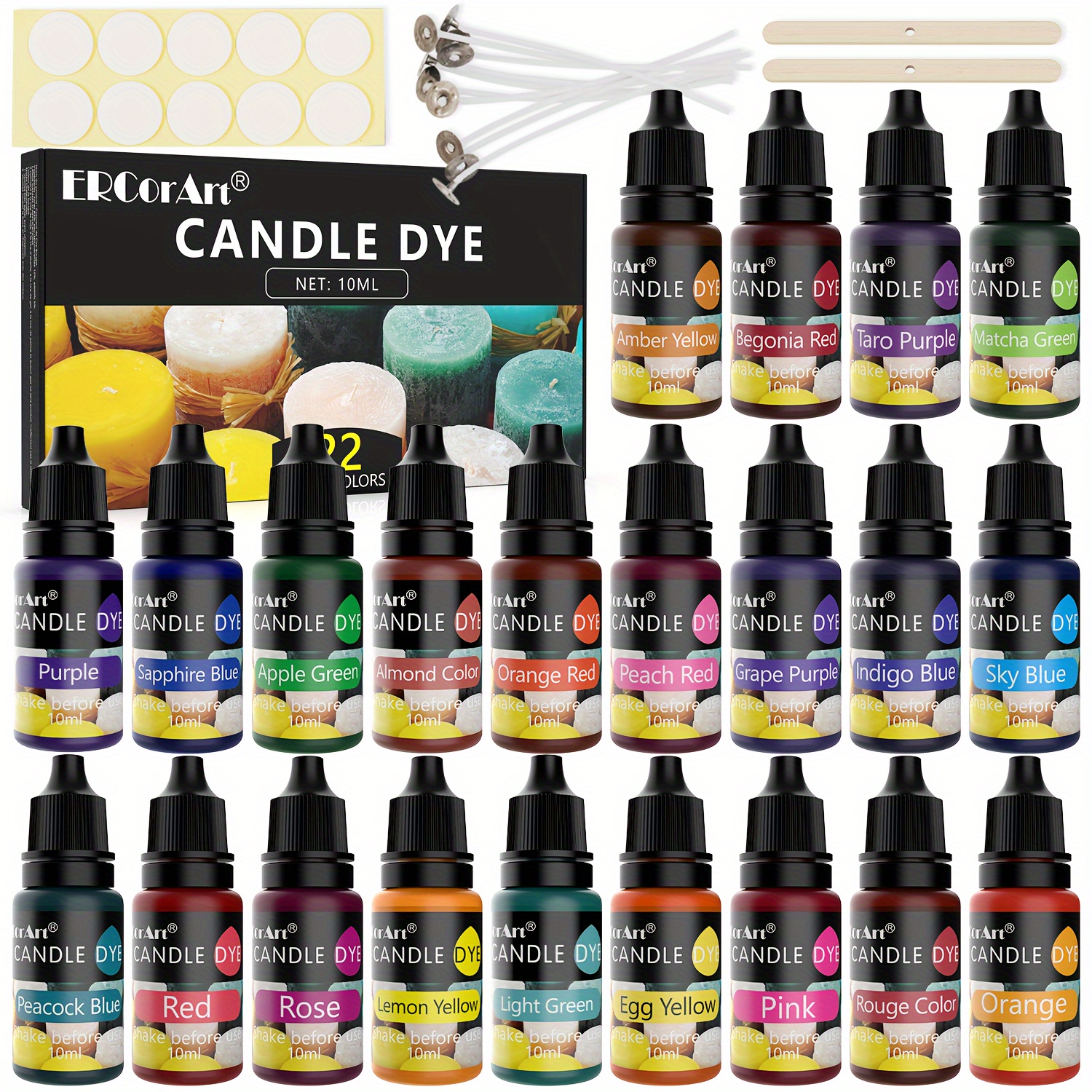 

Candle Dye - 22 Colors Candle Dye For Soy Candle Making, Oil Based Dye For Candle Wax, High Liquid Candle Color Dye For Soy Wax, Beeswax, Gel, Palm Wax - 10ml