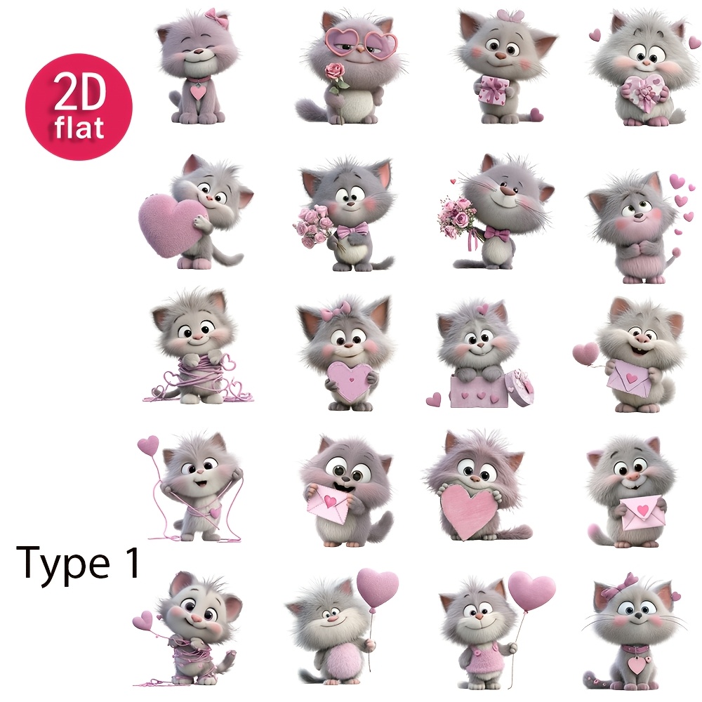 Image of 2d Flat 1-pack Vintage Valentine's Day Cat Stickers For Diy Scrapbooking, Journaling, Photo Albums, Photo Albums, Stationery, Supplies, And Decoration, 2d Flat