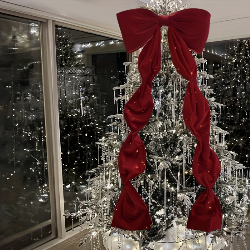 [Elegant Bow Garland] Large Burgundy Red Bow Garland - Elegant Christmas Mantel & Fireplace Door Decoration, Wedding/Party Arch Decor - 1pc Durable Bowknot with Ribbon Bow Accent for Xmas Tree Topper, Door Hanger (No Feathers)