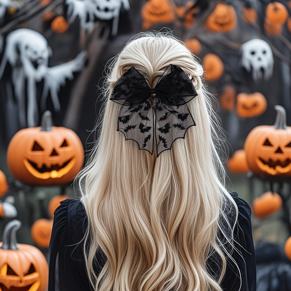 3 pairs halloween bat silhouette hair clips - gothic lace polyester hairpins with black bows, exaggerated design for women &,   cosplay, costume parties & casual attire, festive hair accessories for halloween, halloween costume, gothic style, durable hairpins Product details 0