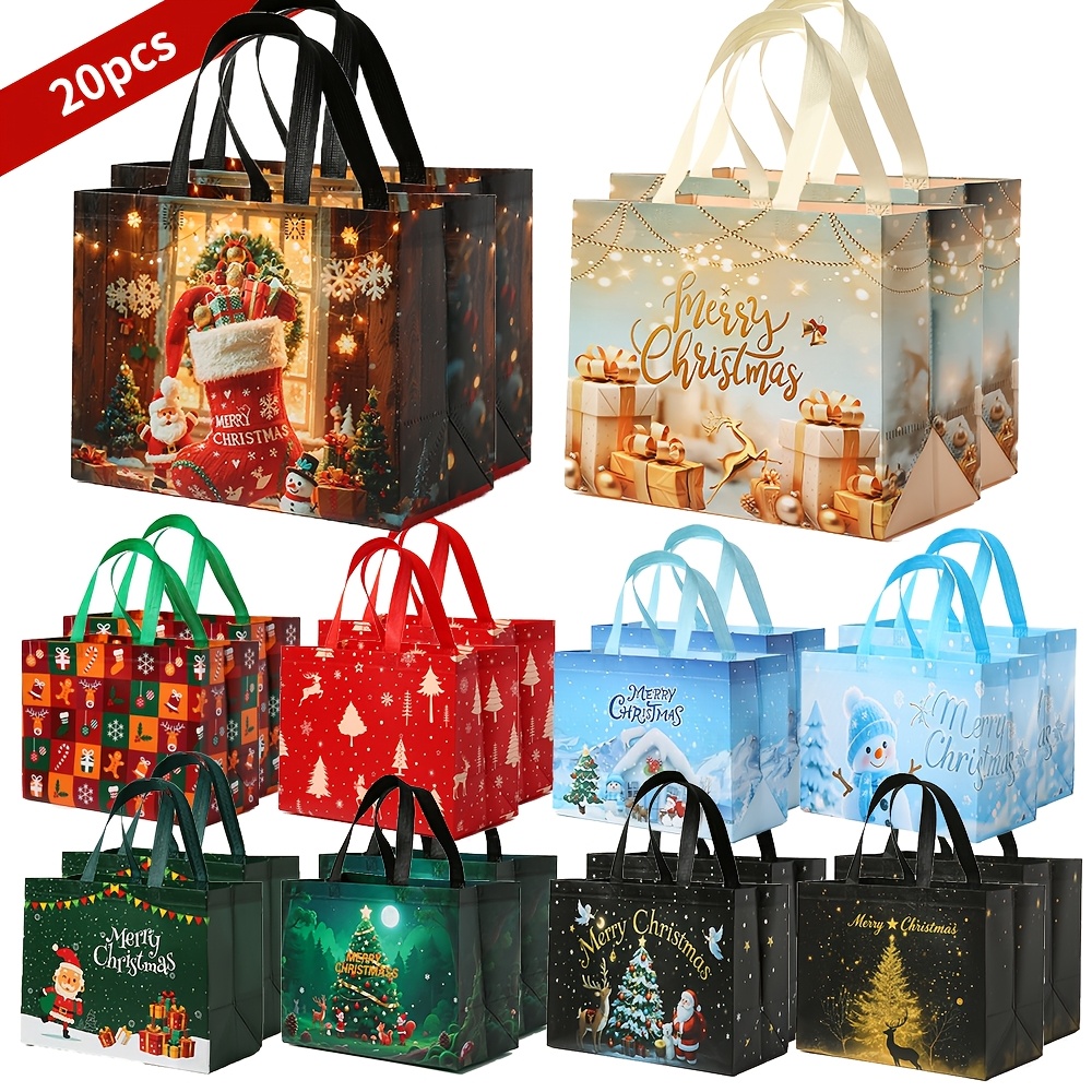 Image of 10/20pcs Large Christmas Gift Bags, Reusable Non-woven Christmas Shopping Bags, Hand-held Holiday Gift Packaging Bags, Suitable For New Year, Christmas Decor Party Supplies, 12.8'' X 9.8'' X 6.7''