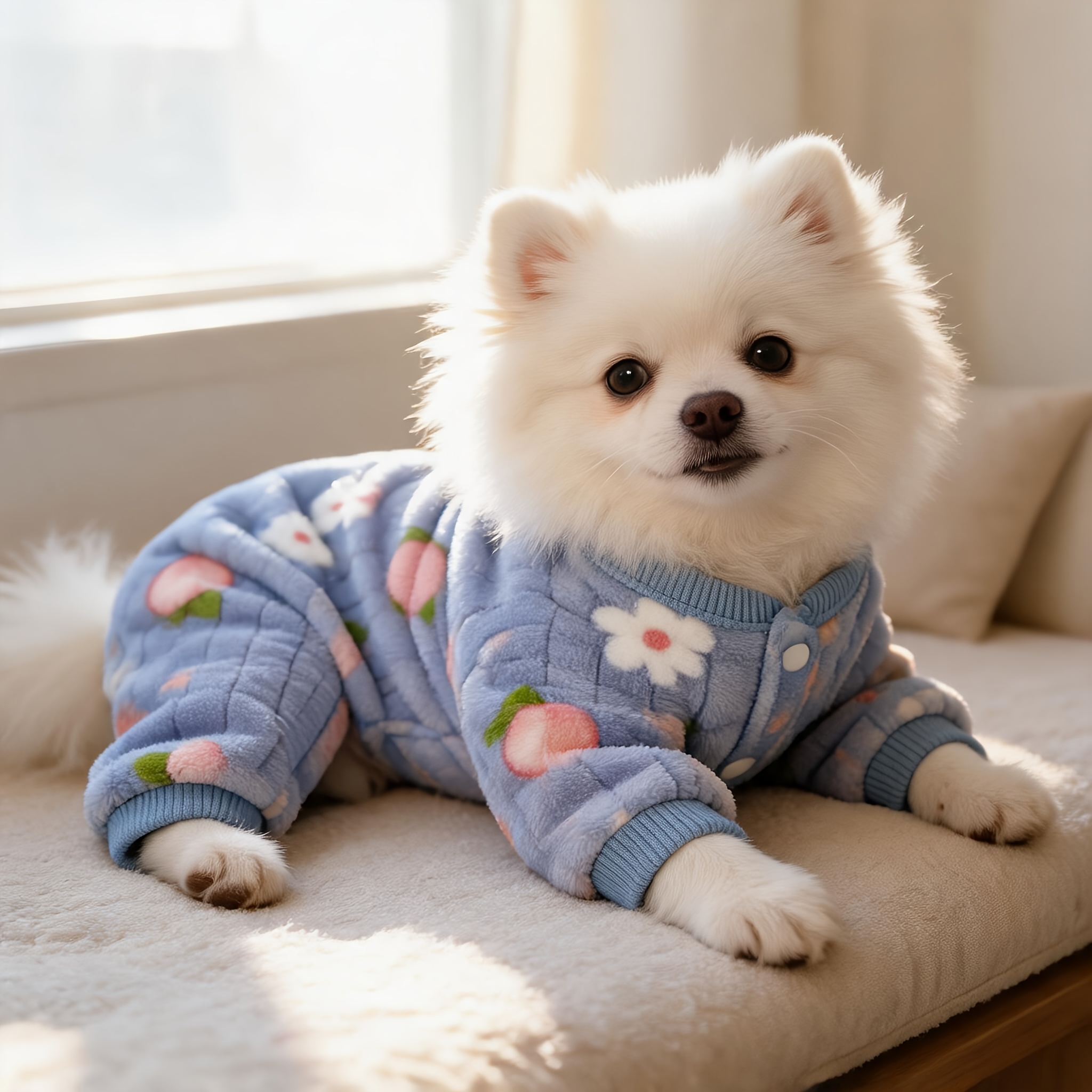 TEMU 1pc Peach Print 4-leg Pet Pajamas, Soft Flannel Dog Onesie With Button Closure, Warm Puppy Loungewear & Winter Sleepwear For Small Dogs And Cats