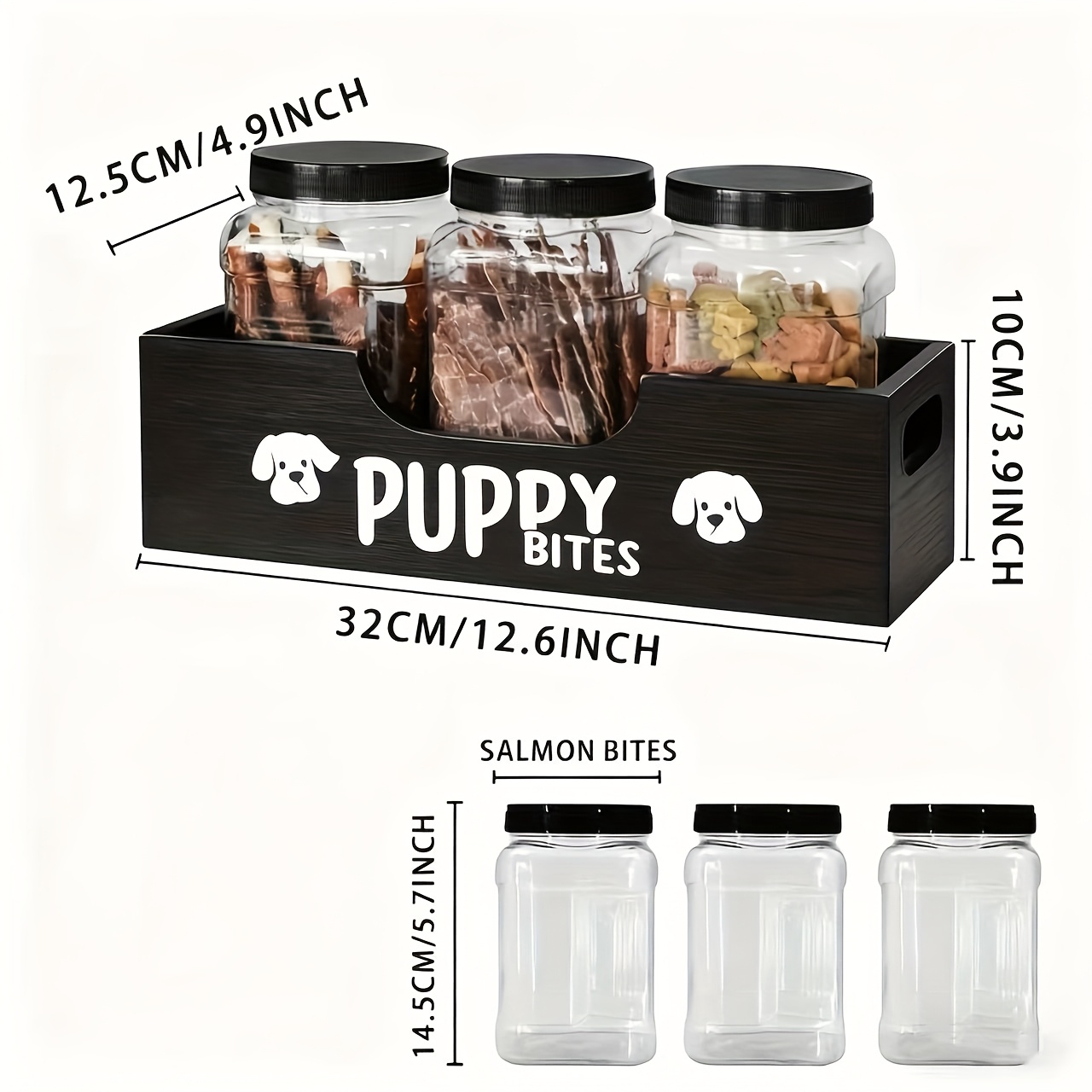 TEMU 3-jar Dog Treat Jar For Countertop - Airtight Wooden Pet Food Storage Container With Lids, Multi-jar Canine Treat Organizer For Puppy Food,