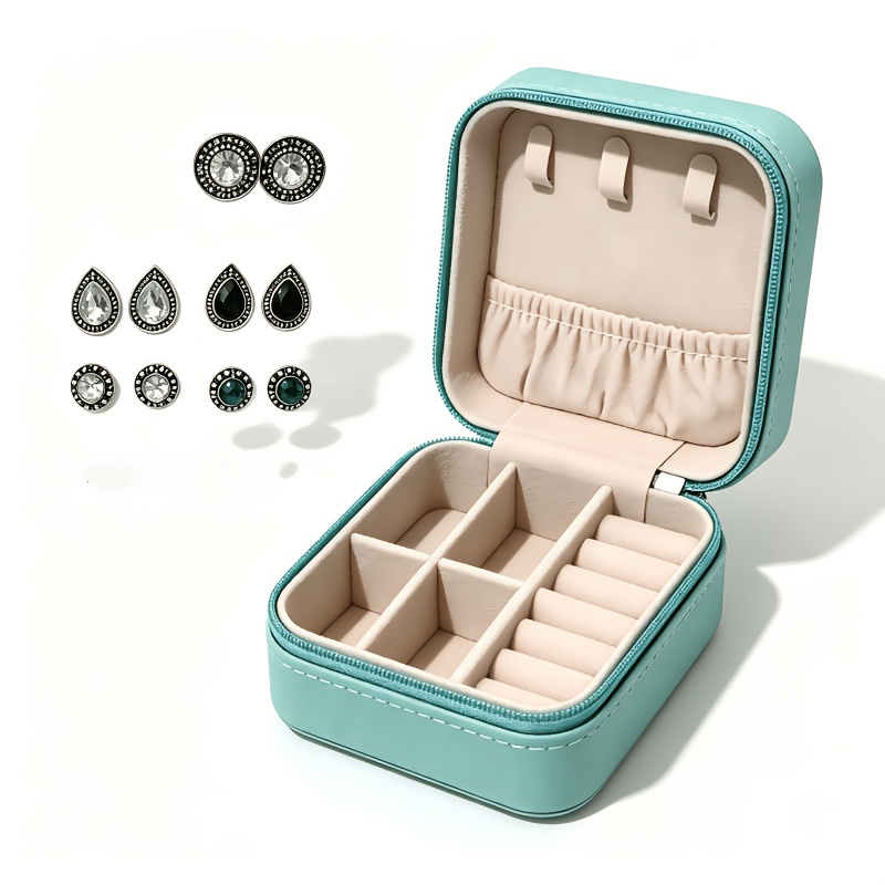 TEMU Mini Joyero de Viaje con Set de Pendientes de Botón Vintage, (1 de Almacenamiento y 5 de Pendientes), Organizador Portátil, Capacidad para