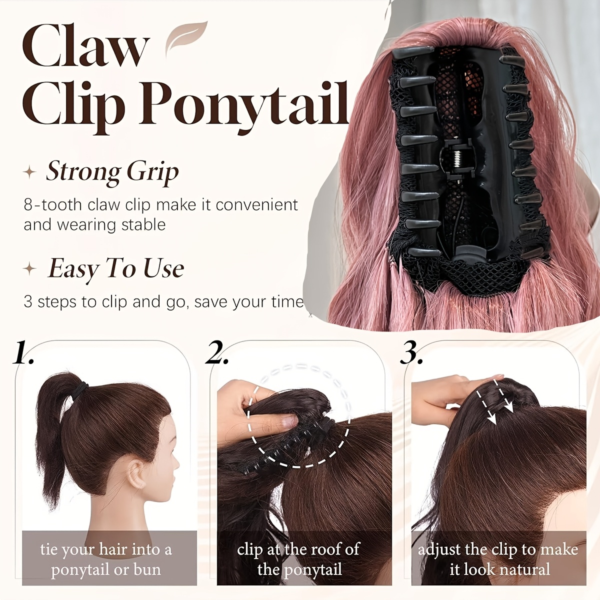 claw shaped ponytail extension pink 28 inch water wave heat resistant fiber synthetic ponytail wig suitable for short hair accessories for womens daily use details 2