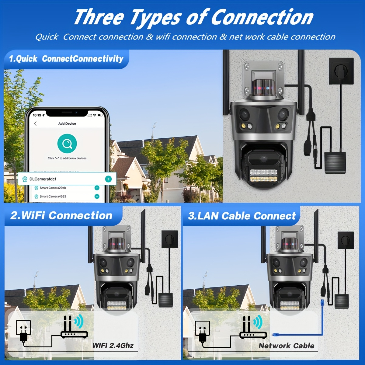 Cámara de seguridad para el hogar con WiFi PTZ de tres lentes, vigilancia exterior 3 en 1 con rotación de 360°, seguimiento automático, visión nocturna de color completo, foco, audio bidireccional, compatible con Alexa, IPX4, enchufe de la UE