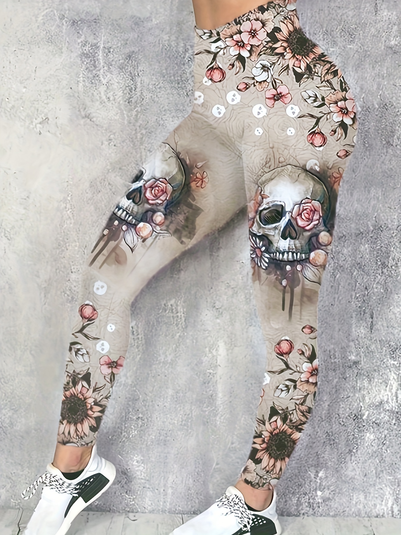 Skull Print Slim Leggings Casual High Waist Hole Elastic - Temu
