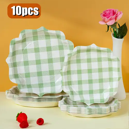 10-teiliges Einweg-Pappteller-Set im frischen grün-weißen Karomuster, 7/9 Zoll verdickte Einwegteller aus lebensmittelechtem Papier, Vintage-Grünekaro mit gewelltem Spitzenrand-Druck, rustikaler Stil