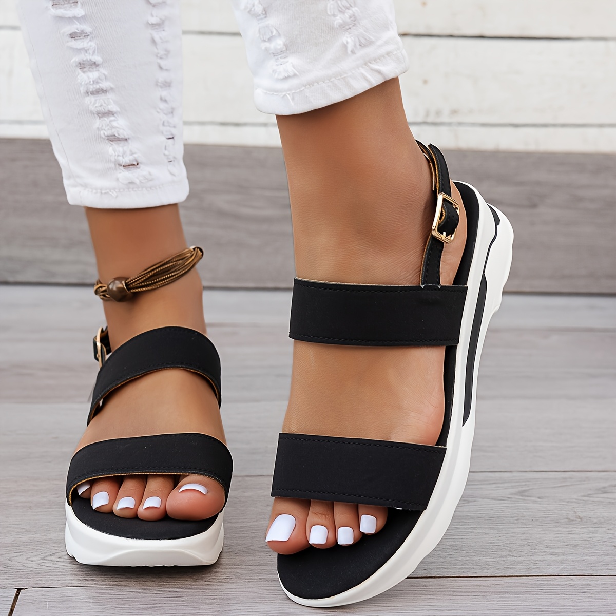 Women's Summer Plain Color Wedge Sandals, Casual Open-Toe Simple Thick Sole  with Comfortable Ankle Strap Wedges