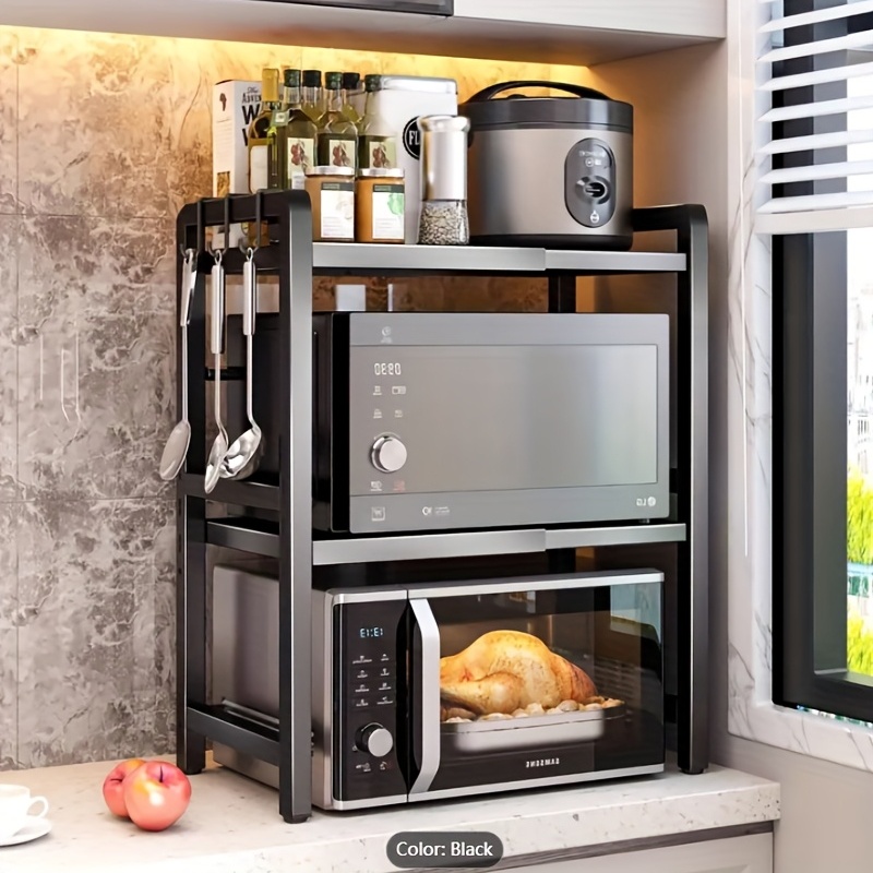 Extendable 3-tier Microwave Oven Rack With 6 Hooks, 40-65cm Adjustable Microwave Shelf, Seasoning Rack, Height-adjustable Microwave Bracket, Home Kitchen Storage Rack, Knife Rack Cutting Board Rack