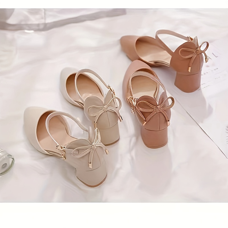 Women'S Elegant French-Inspired Mid-Heel Sandals with Ankle Strap & Bow Detail - Chic Pointed Toe Block Heel Pumps for Spring/Summer, Versatile & Fashionable Hollow Cutouts, Strappy Sandals