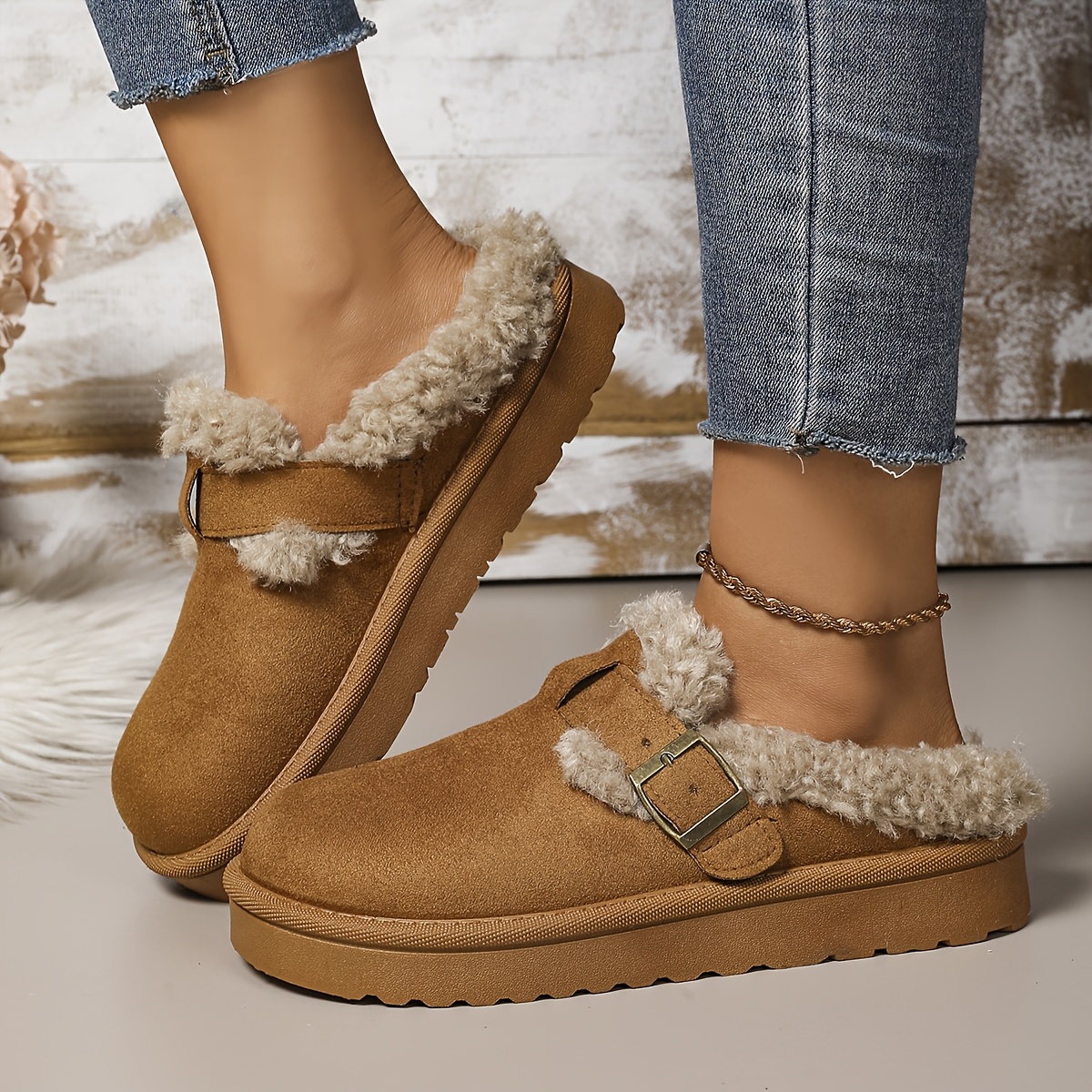 women's winter warm slip clogs soft fabric upper plush Temu