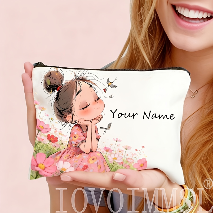 TEMU Customized Name Cute Girl Inspirational Pink Flower Elements Adorable Makeup Bag, Durable And Spacious, Suitable For Parties, Travel, And